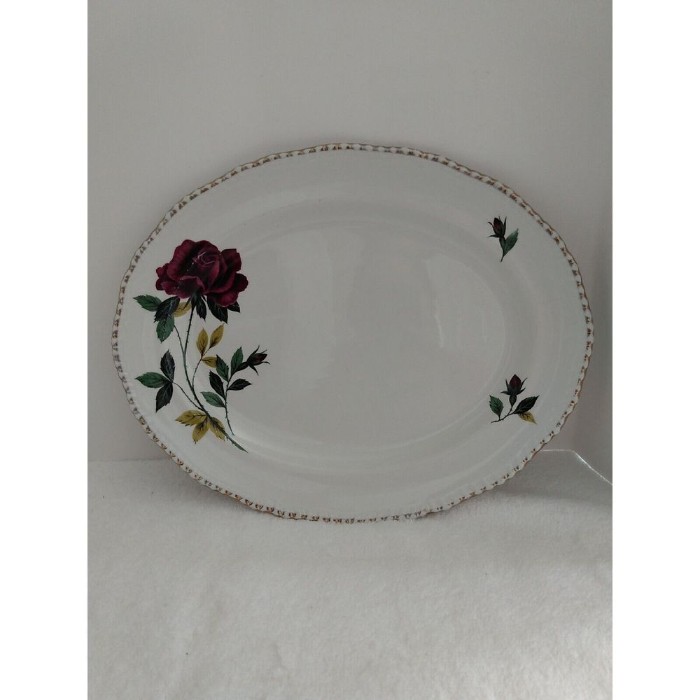 Wood‎ & Sons England Alpine White Ironstone Oval Platter Burgundy Red Rose 12"